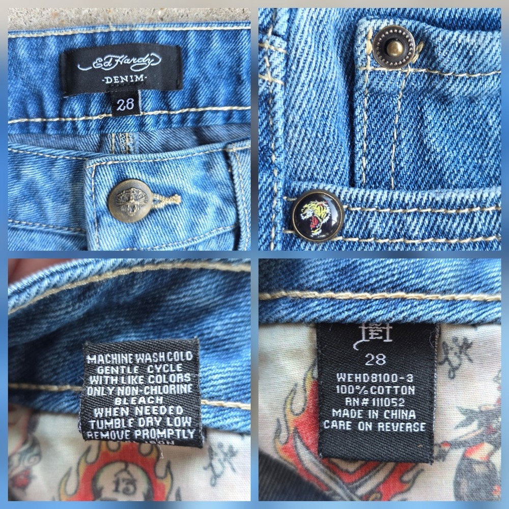 Ed Hardy Jeans Size 28 (30" Waist) Painted Tattoo Dragon Koi Y2K Baggy Low Rise - Picture 8 of 10
